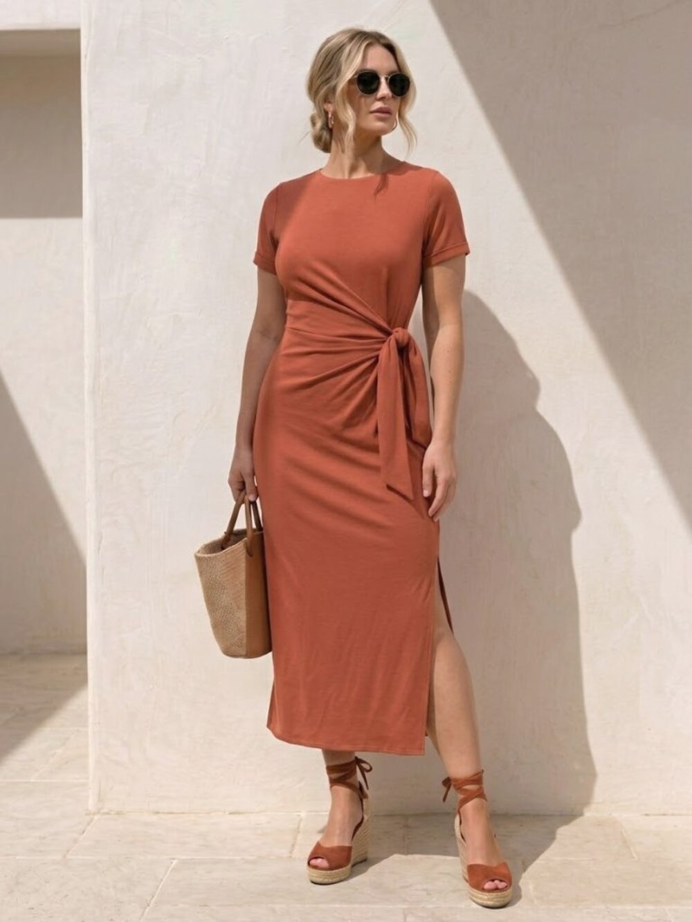 Banana Republic Soft Sandwash Modal Sash Tie Long Midi Dress in Rust/Terracotta